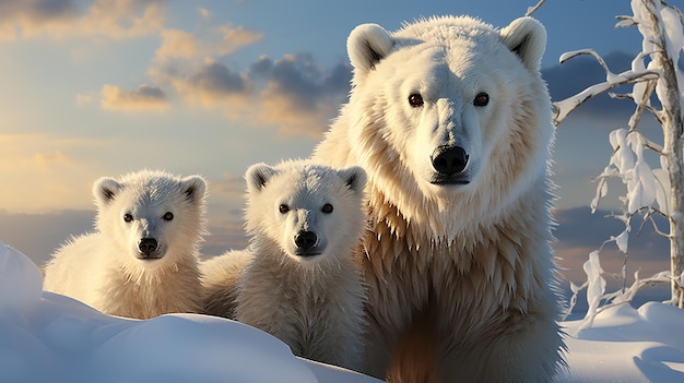 Mãe urso polar com filhotes