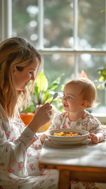 Mãe usando uma colher para alimentar a menina