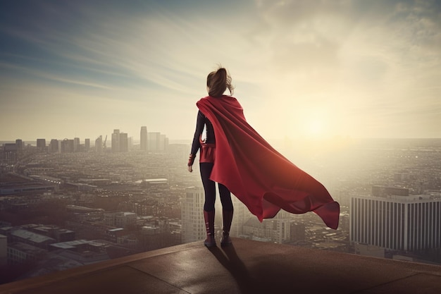Foto mächtige superheldin steht in der skyline der stadt und ihr umhang fliegt im wind