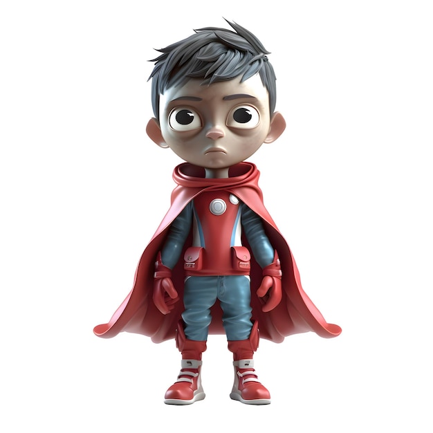 Mächtiger 3D-Junge im Superheldenkostüm auf weißem Hintergrund, isoliert auf weißem Hintergrund
