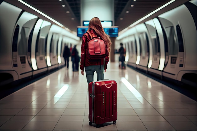 Mädchen am Flughafen trägt rote Luxus-Lederkoffer für die Reise