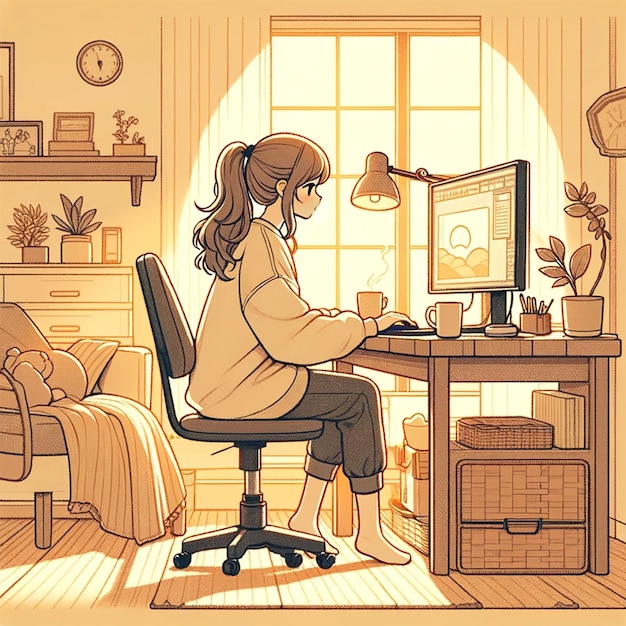 Mädchen arbeitet an einem Computer in einer gemütlichen häuslichen Umgebung Illustration