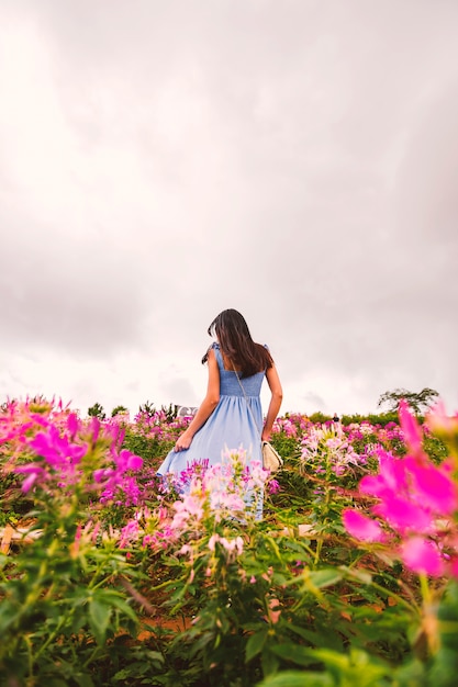 Foto mädchen auf dem blumengebiet.