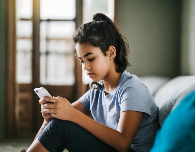 Mädchen benutzt ein Handy in ihrem Haus