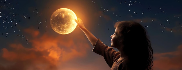 Mädchen berührt den Mond KI-generiertes Bild