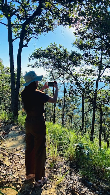 Mädchen, das die grünen und bewölkten Berge betrachtet und ein Foto mit einem Smartphone macht Doi Chik Chong