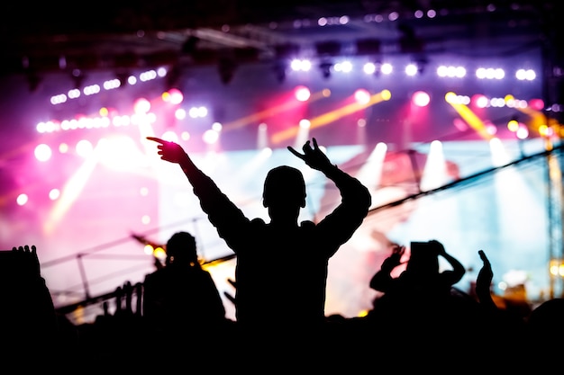 Mädchen, das ein Musikfestival oder ein Konzert genießt. Schwarze Silhouette der Menge.