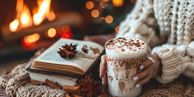 Foto mädchen, das kakao mit schlagsahne hält weihnachtsferienkonzept ferien-hintergrund kalter retro-ton