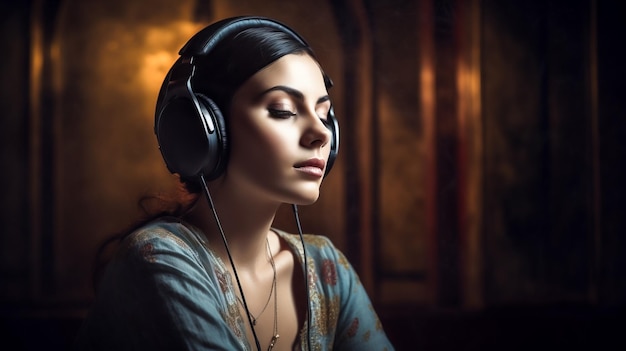 Mädchen, das Musik mit Kopfhörern hört Generative KI