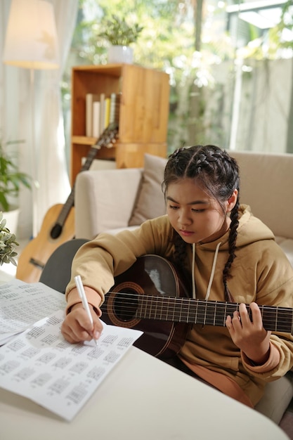 Mädchen, das sich lehnt, Gitarre zu spielen