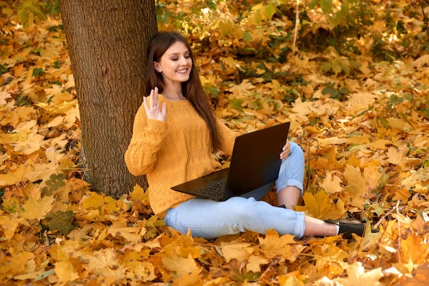 Mädchen, die auf Herbstblättern im Stadtpark sitzen und in der Natur am Laptop arbeiten, freiberuflich tätig sind und lernen