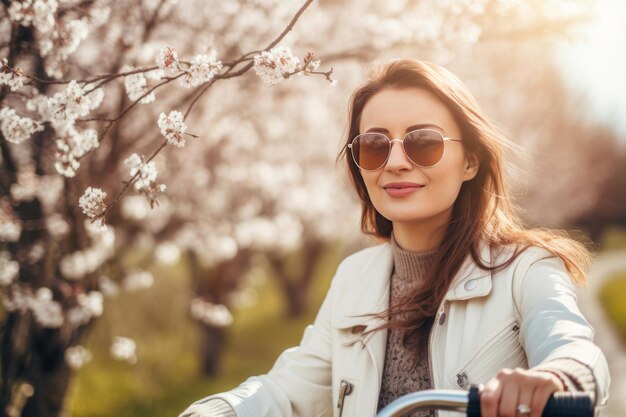 Mädchen fährt Fahrrad im Sakura-Park Illustration AI GenerativexD