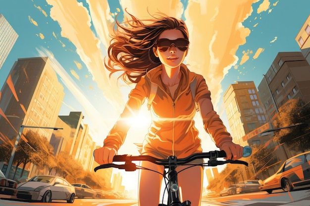 Mädchen fährt im Sonnenlicht Fahrrad Stadtumgebung Architektur Straßenelemente Schatten Mädchen in dynamischer Bewegung auf ihrem Fahrrad Illustration realistische Vektorkunst Stadtlandschaft Details