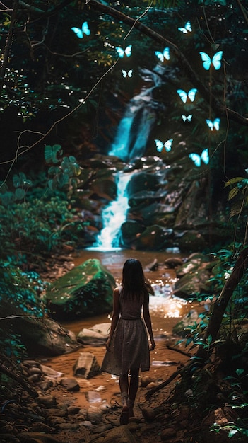 Mädchen geht mit Schmetterlingen zu einem Wasserfall Abenteuer und Naturentdeckungsfotografie KI Gene