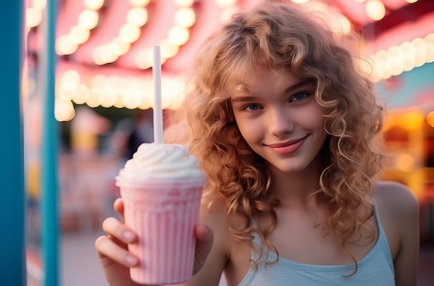 Mädchen genießt einen rosa Milchshake