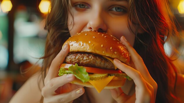 Foto mädchen genießt es, ihren cheeseburger zu essen frau isst einen hamburger und bestellt einen hamburger zum mitnehmen von fastfood-einrichtung generative ki