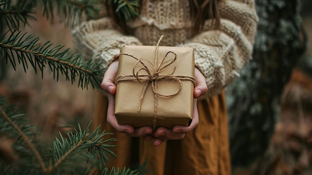 Mädchen hält eine Schachtel mit einem Geschenk in ihren Händen, selektiver Fokus generative KI