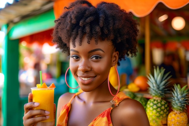 Mädchen hält Frucht-Smoothie tropischen Hintergrund hoch