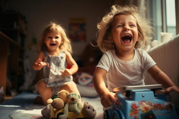 Mädchen im Alter von drei Jahren sind aktiv, gesund und positiv. Kinder spielen Kinderspiele, lächeln und spielen.