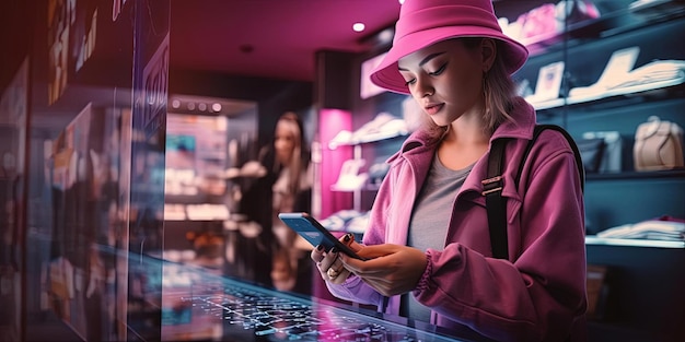 Mädchen im Bekleidungsgeschäft mit einem Mobiltelefon im Stil der Darktable-Verarbeitung