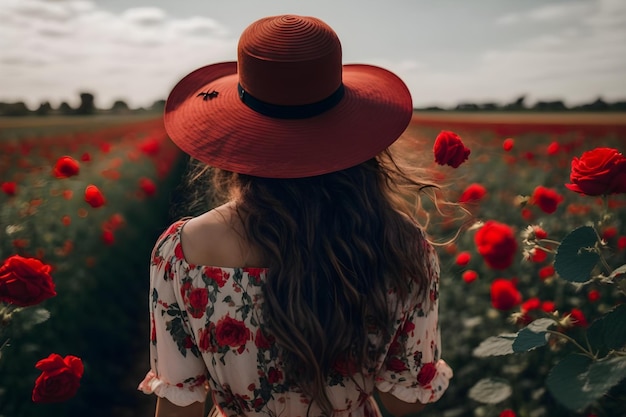 Mädchen im bunten Kleid und im Sommerhut, die zurück auf dem Gebiet der roten Blumen stehen