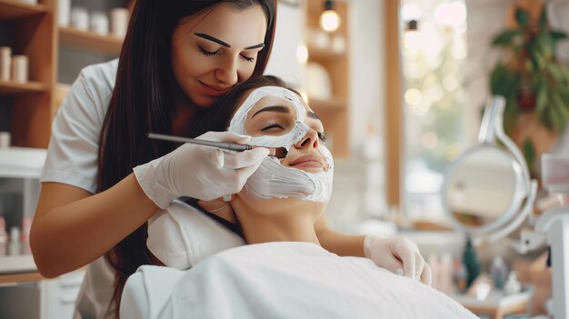 Foto mädchen im spa erhalten gesichtsbehandlungen frau mit maske auf dem gesicht im spa-schönheitssalon entspannte frau erhält eine gesichtsbehandlung mit einer maske, die von einem spa-therapeuten in einer ruhigen spa-umgebung auf ihr gesicht aufgetragen wird