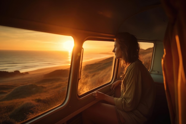 Mädchen im Wohnmobil beobachtet den Sonnenuntergang am Meeresstrand