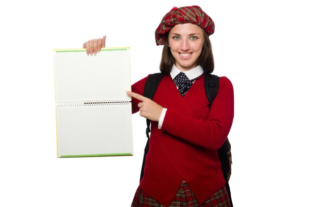 Mädchen in der schottischen Schottenstoffkleidung lokalisiert auf Weiß
