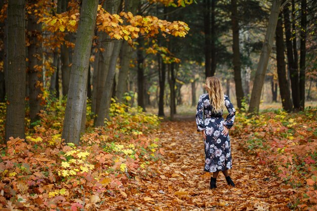 Mädchen in einem Kleid im Herbstwald