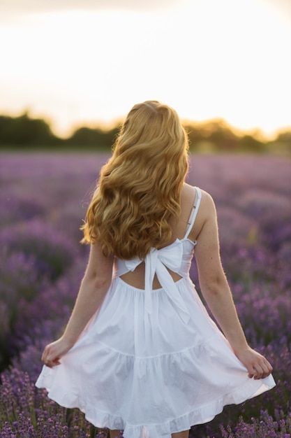 Mädchen in einem Lavendelfeld Frau in einem Feld von Lavendelblüten bei Sonnenuntergang in einem weißen Kleid Frankreich Provence