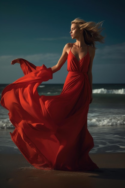 Mädchen in einem roten Kleid am Strand bei Sonnenuntergang Generative KI