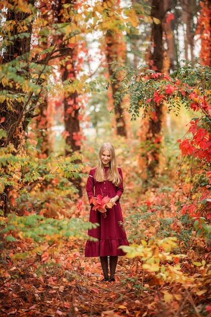 Mädchen in einem roten Kleid geht in den Herbstwald. Wunderschöner Märchenwald