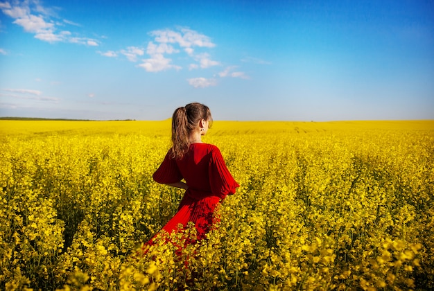 Mädchen in einem schönen roten Kleid steht in einem gelben Kasten