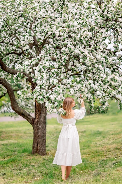 Mädchen in einem weißen Kleid in einem Frühlingsgarten Eine junge Frau genießt den Duft blühender Bäume.