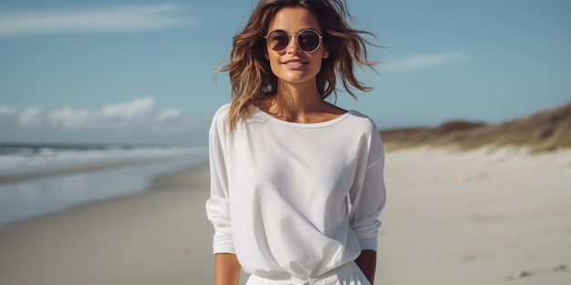 Mädchen in einem weißen T-Shirt auf dem Hintergrund des Strandes Hochwertiges Foto Generative KI