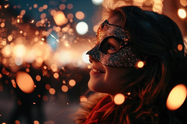 Foto mädchen in karnevalsmaske auf dem hintergrund von bokeh-lichtern