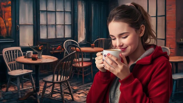 Mädchen in roter Jacke hält einen weißen Kaffeebecher und riecht das Produkt