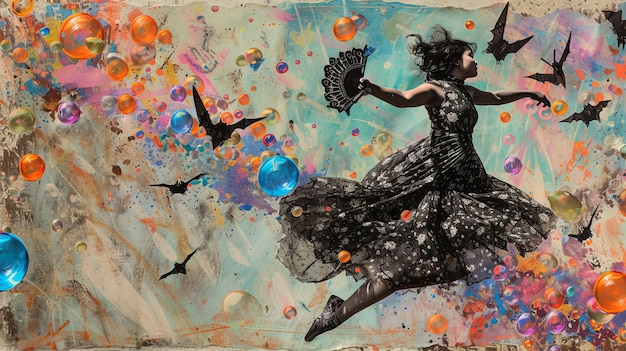 Mädchen in schwarzem Kleid tanzt mit Fledermäusen Surrealistische Collage mit zerrissenen Papieren