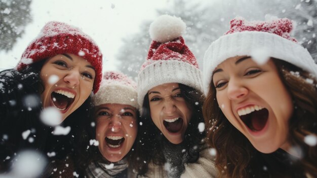 Mädchen in Weihnachtsmannshüten haben Spaß im Schnee Generative KI