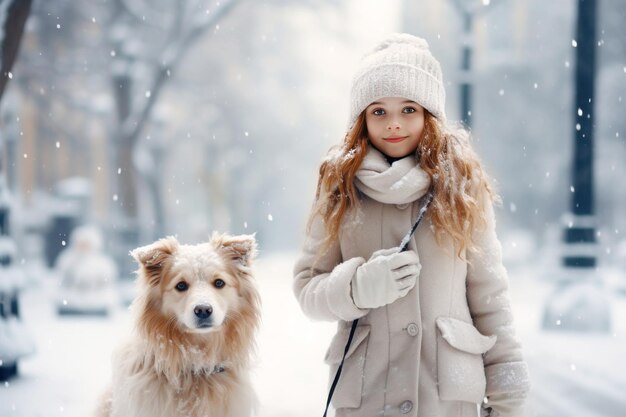 Mädchen in Winterkleidung geht mit ihrem Hund entlang einer schneebedeckten Straße