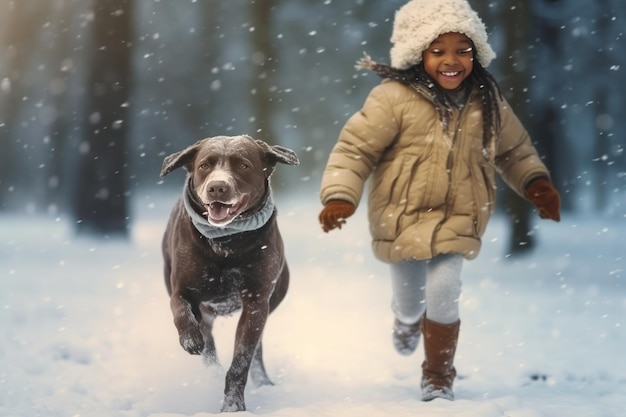 Foto mädchen in winterkleidung geht mit ihrem hund entlang einer schneebedeckten straße