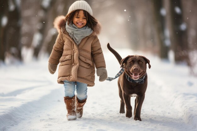 Foto mädchen in winterkleidung geht mit ihrem hund entlang einer schneebedeckten straße