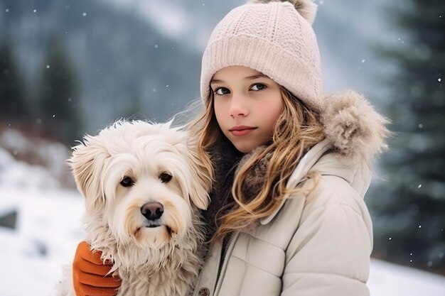 Mädchen in Winterkleidung geht mit ihrem Hund entlang einer schneebedeckten Straße