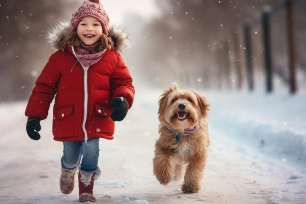 Foto mädchen in winterkleidung geht mit ihrem hund entlang einer schneebedeckten straße