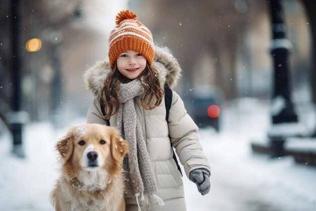 Mädchen in Winterkleidung geht mit ihrem Hund entlang einer schneebedeckten Straße