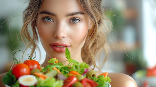 Foto mädchen isst gemüsesalat lebensstil nahaufnahme diätkonzept gesundes essen