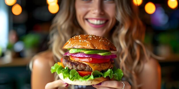 Foto mädchen isst glücklich ein veganes sandwich mit avocadosalat und vegetarischem burger konzept veganischer lebensstil pflanzenbasierte ernährung gesundes essen avocado rezepte veganische sandwiches