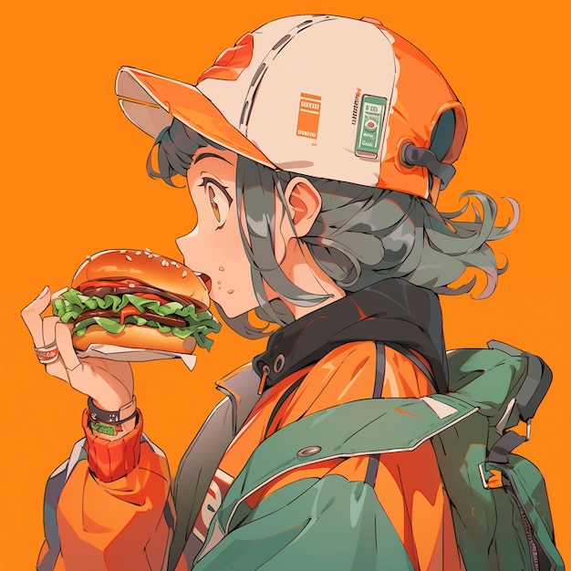 Foto mädchen isst hamburger im manga-stil