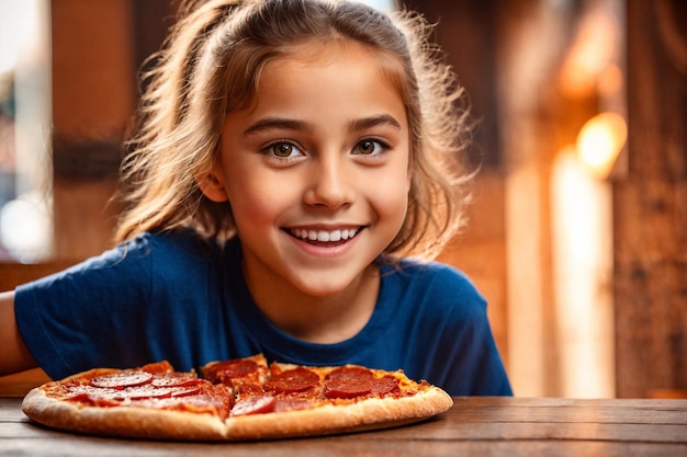 Mädchen isst Pizza im Café, ungesundes Essen, blaues T-Shirt