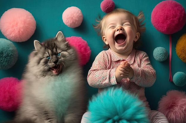 Mädchen lacht laut zusammen mit einer von der KI generierten Katze